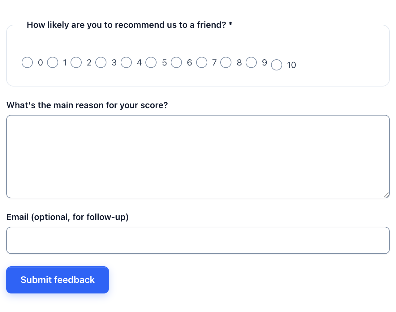 Core Forms NPS survey with an eleven-point radio scale, a reason field and optional email