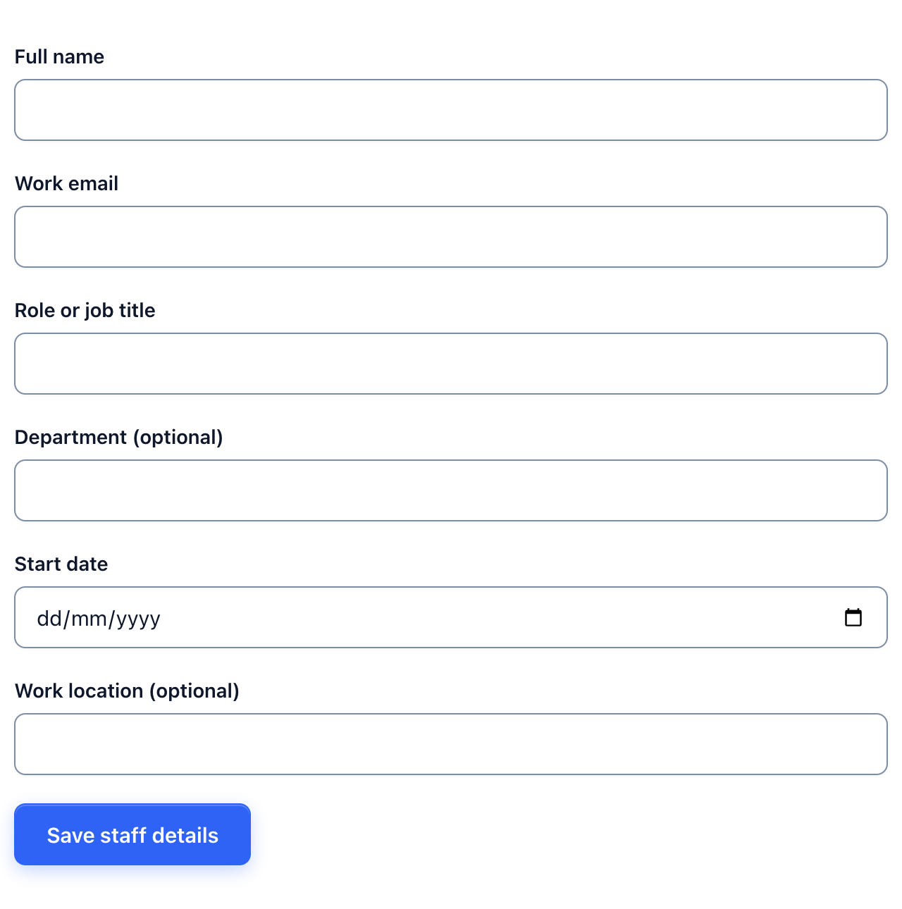Employee information form with name, work email, job title, optional department, start date and optional work location
