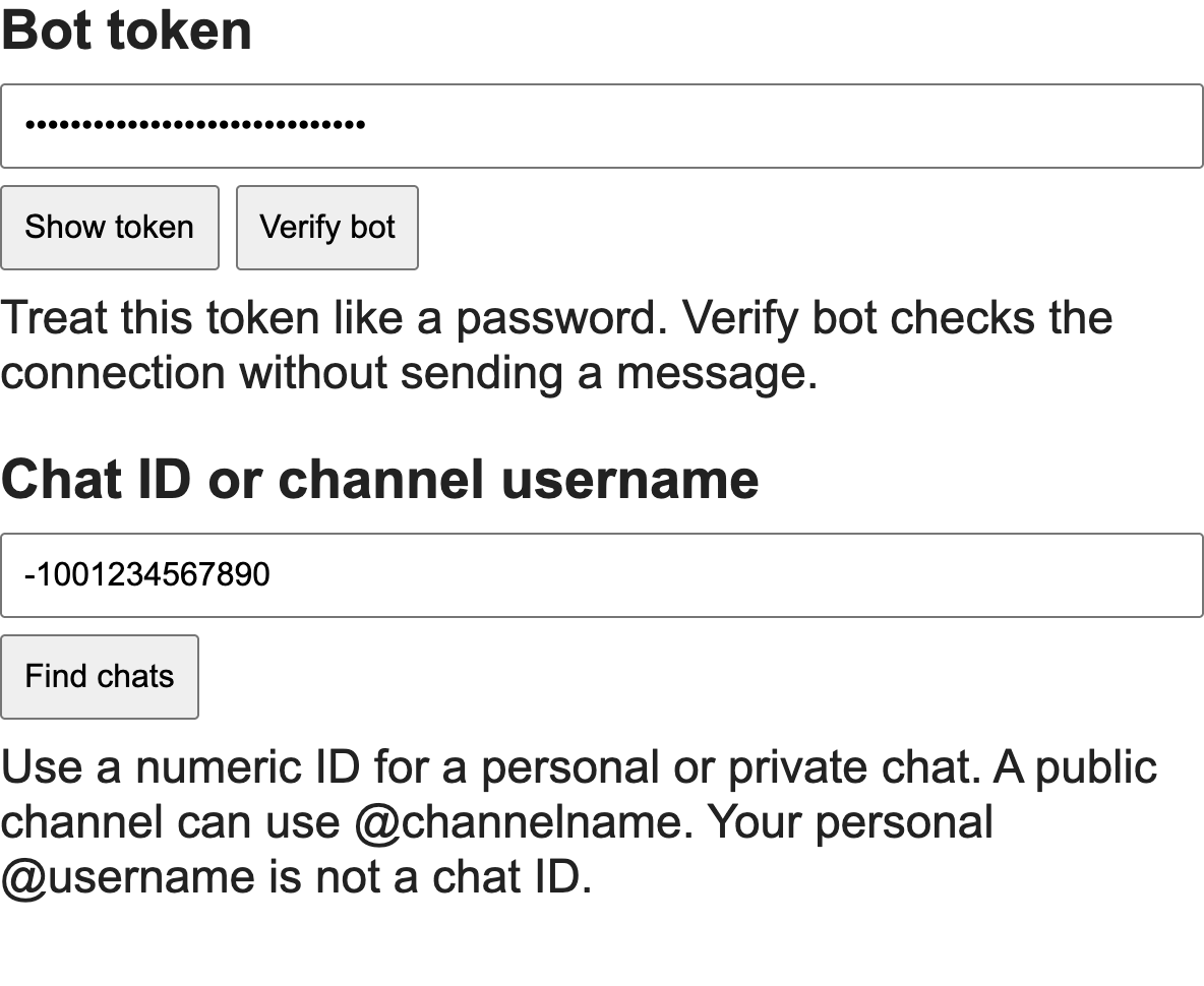 Core Forms Telegram connection controls showing a masked bot token, Verify bot, a sample chat ID and Find chats