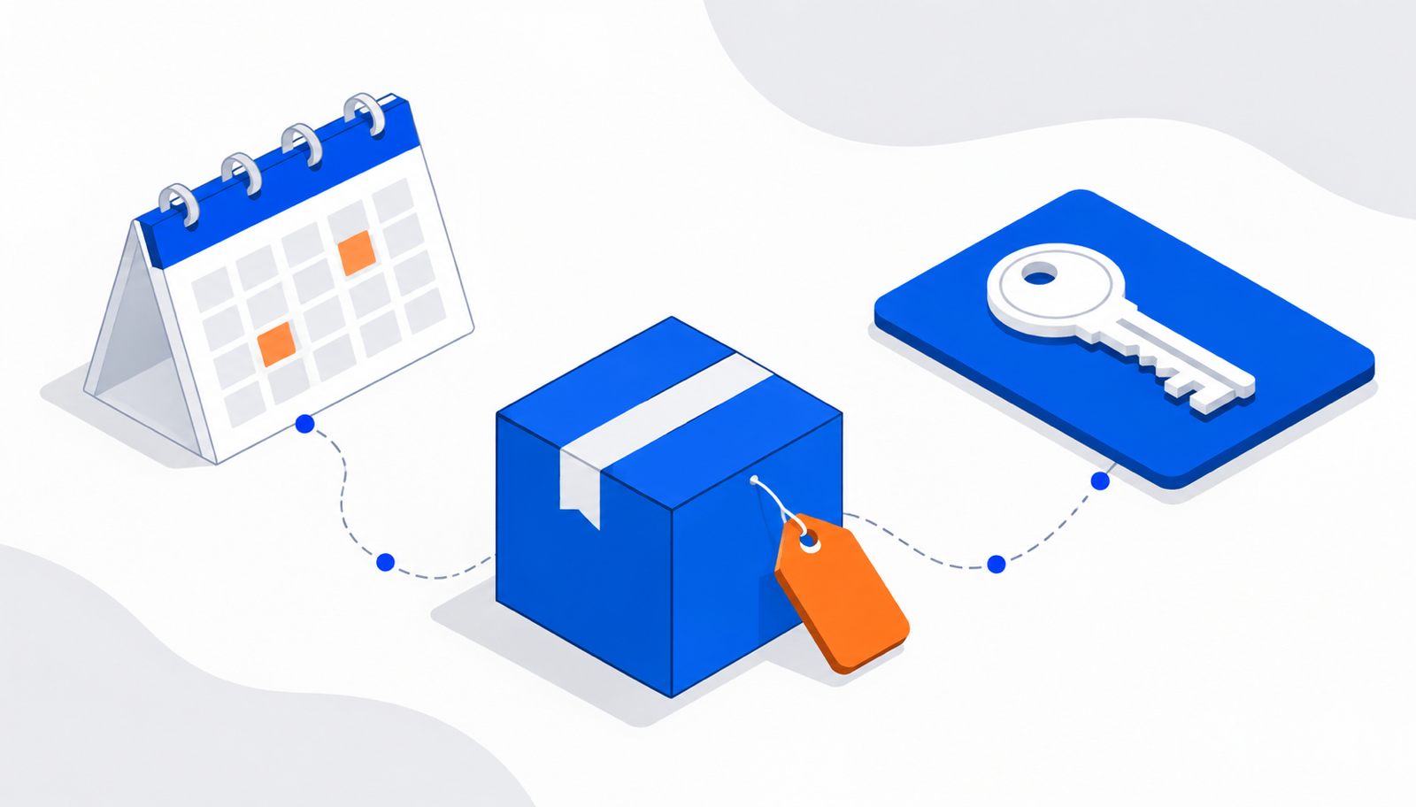 Isometric illustration of a WordPress plugin box with an orange coupon tag, a calendar and a license key