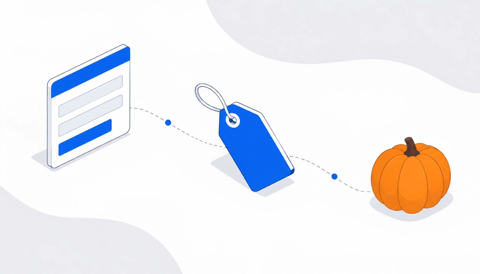 Isometric illustration of a web form, a blue price tag and an orange pumpkin joined by a dashed path