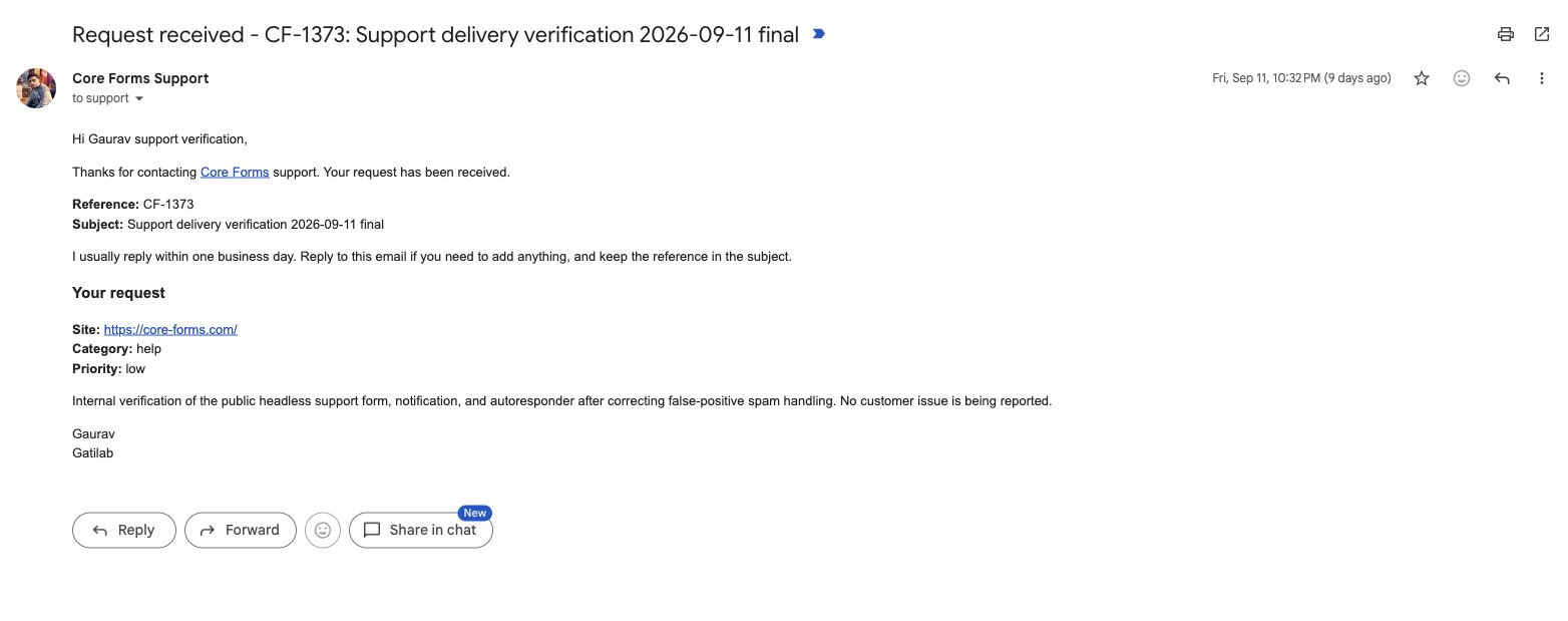 Core Forms customer acknowledgment repeating ticket reference CF-1373 and explaining how to reply with more details