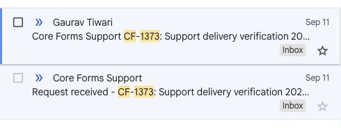 Inbox showing a team notification and customer acknowledgment with the same CF-1373 ticket reference