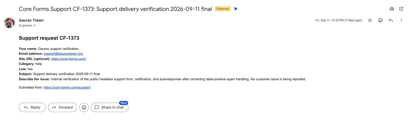 Core Forms team notification for sample request CF-1373, including the submitted details and support page URL