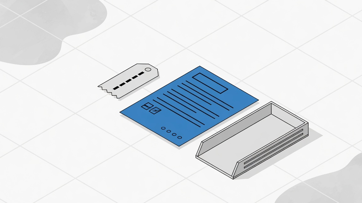 Editorial illustration of a tagged mail form next to a stored HTML form