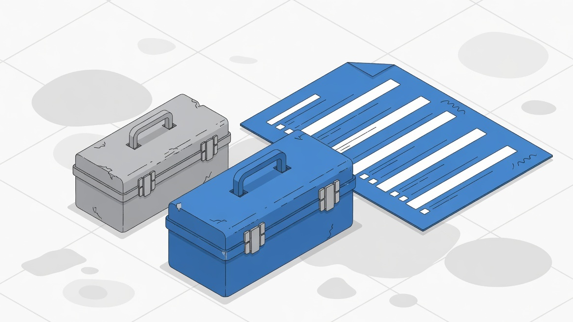 Editorial illustration of a budget toolbox beside a blue HTML form
