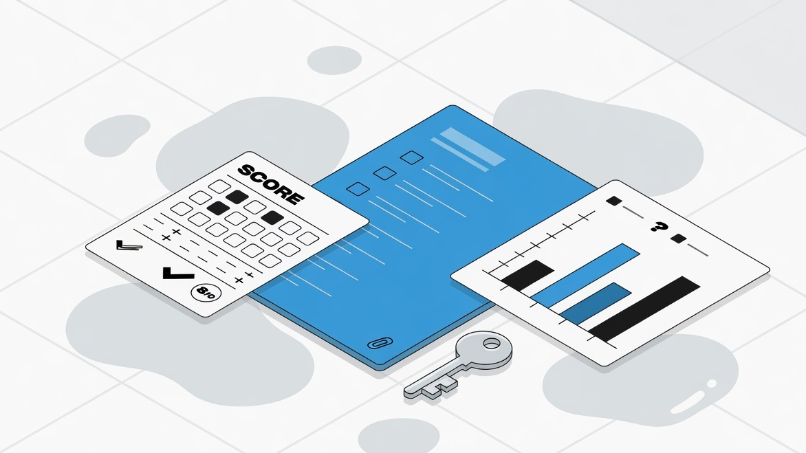 Editorial illustration of a quiz scorecard beside a license key