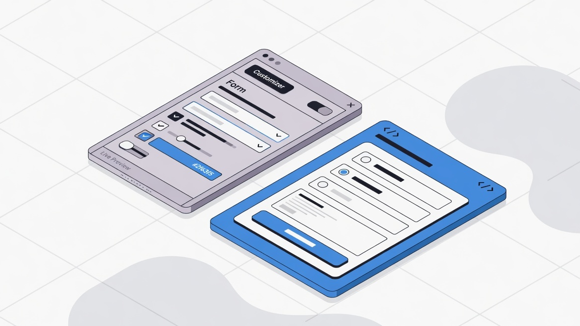 Editorial illustration of a WordPress Customizer panel beside a blue HTML form