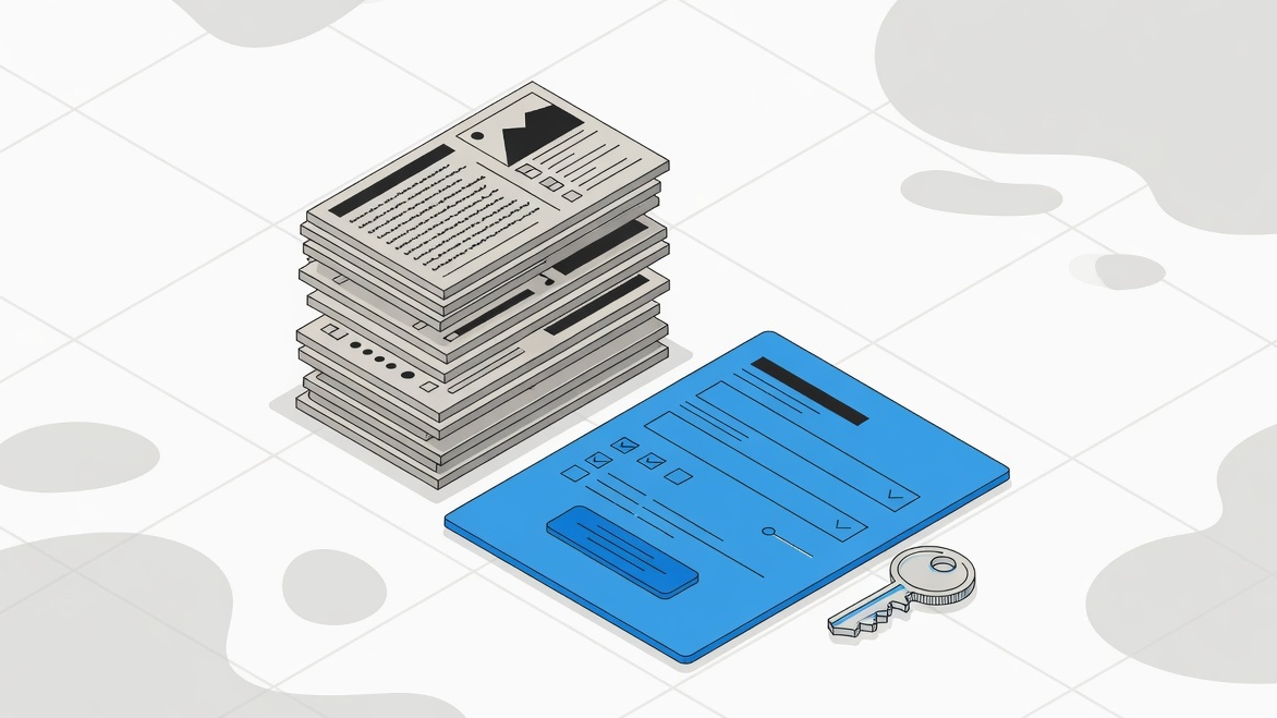 Editorial illustration of Gutenberg blocks beside a blue HTML form and a key