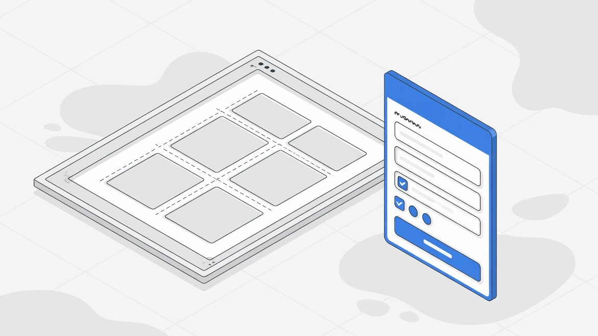 Editorial illustration of an Elementor-style canvas beside a standalone blue form