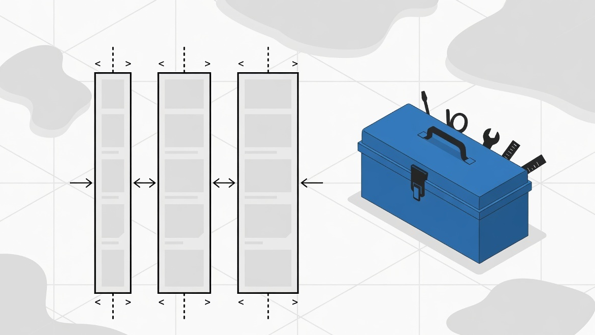 Editorial illustration of a breakpoint layout grid beside one blue toolbox