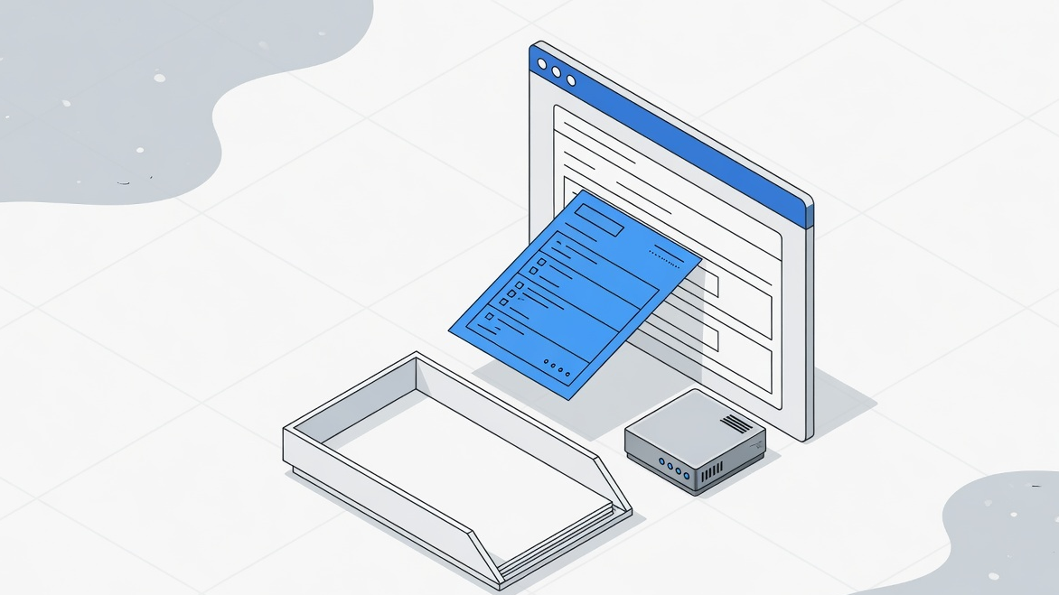 Editorial scene of an HTML form posting to a hosted Formspree-style endpoint