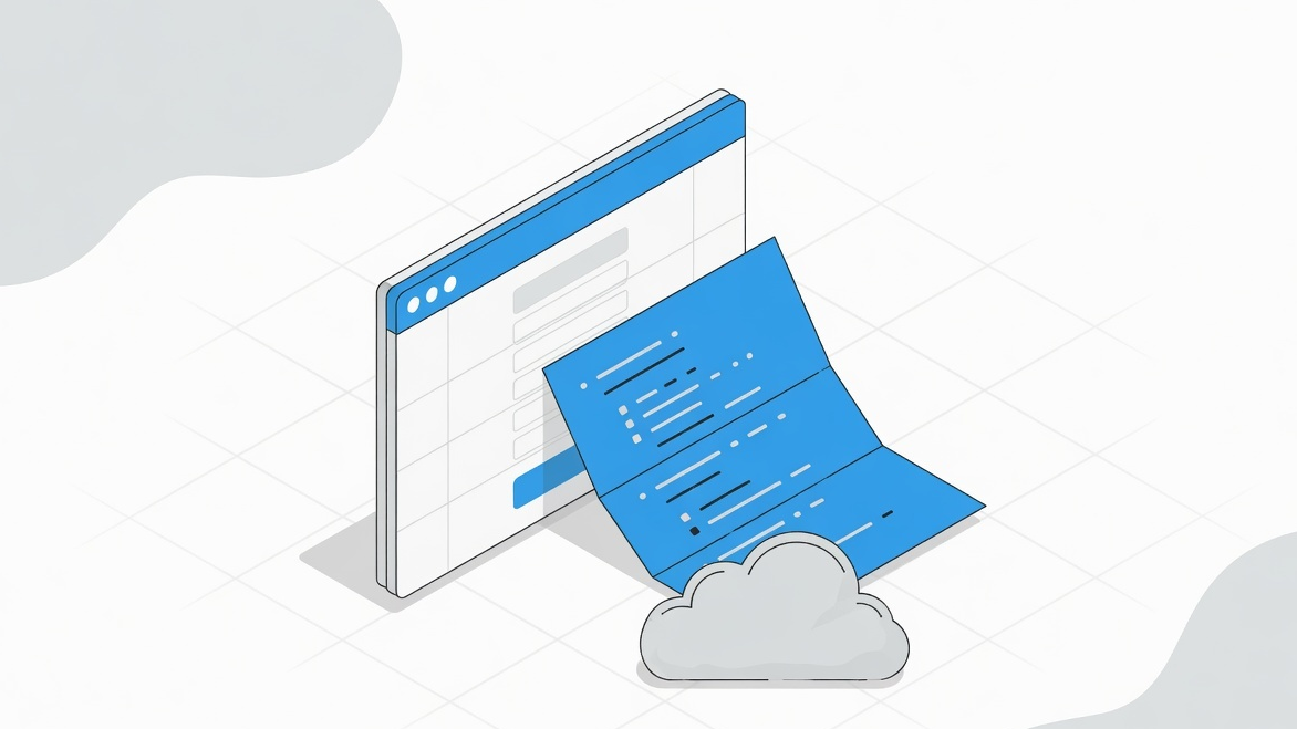 Editorial scene of a static HTML form handing submissions to a hosted backend