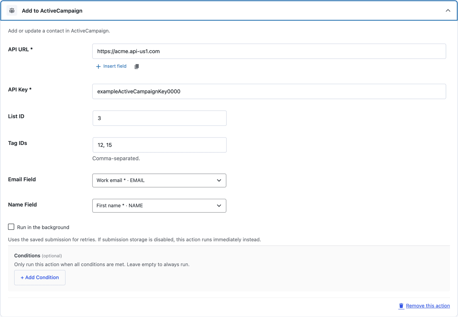 The Add to ActiveCampaign action with an API URL, an API key, a list ID, tag IDs and the email, name and phone fields mapped