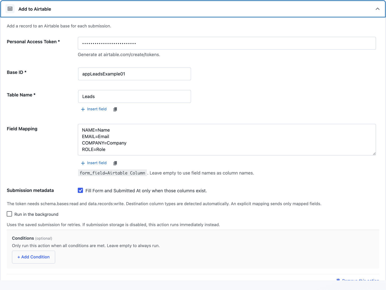The Add to Airtable action with a token, base ID, the Leads table and a field map from NAME, EMAIL, COMPANY and ROLE to Airtable columns