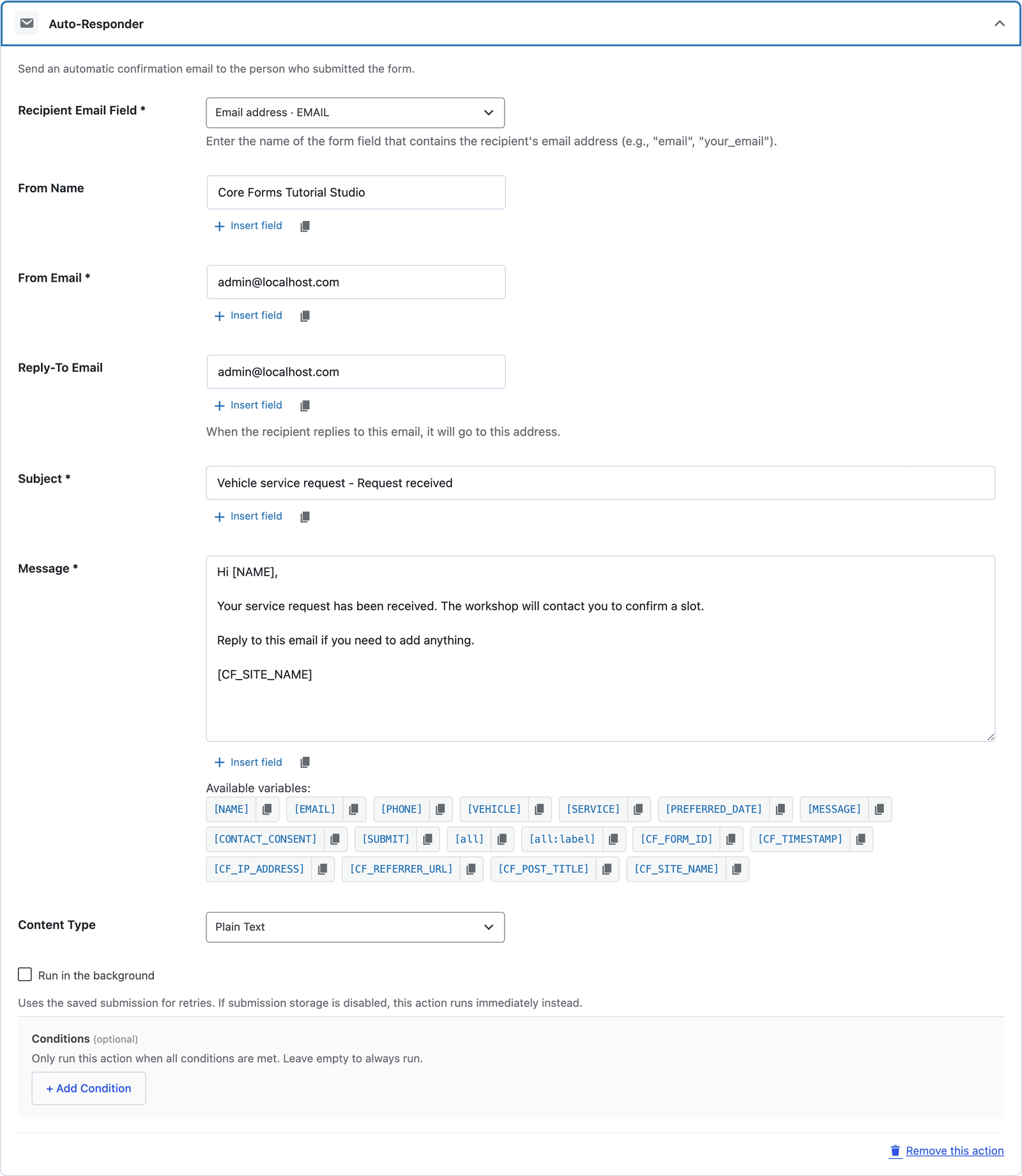 The Auto-Responder action for the vehicle service form, sending the acknowledgement to the EMAIL field