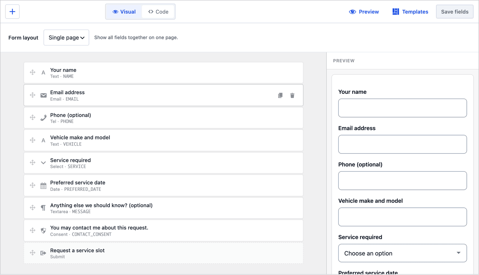 Core Forms builder for the vehicle service form with the layout set to Single page, showing all 8 fields in one column