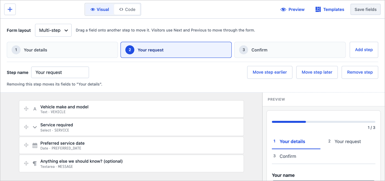 Core Forms builder for the Vehicle service request form with the Your request step selected, showing vehicle, service, preferred date and message fields