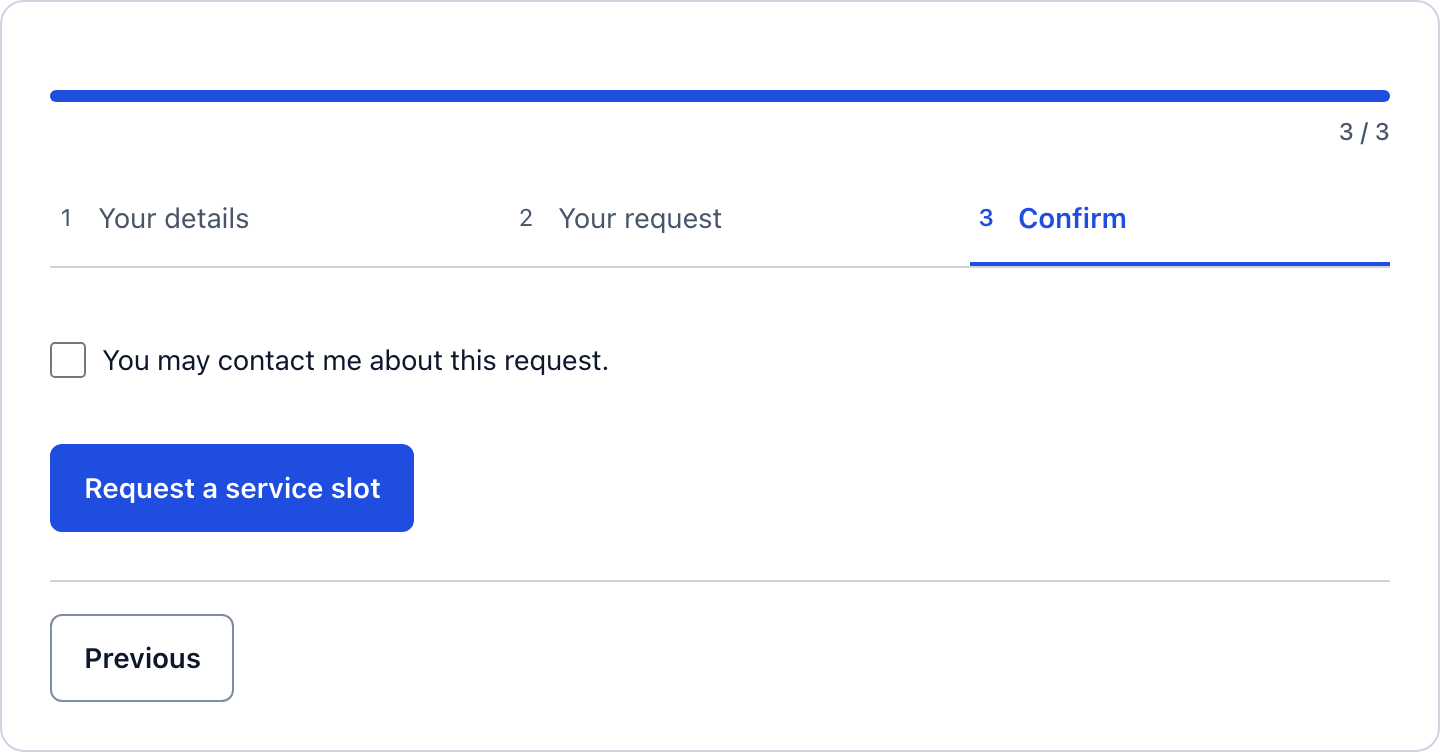 The Confirm step of the vehicle service request form with the contact consent checkbox and the Request a service slot button