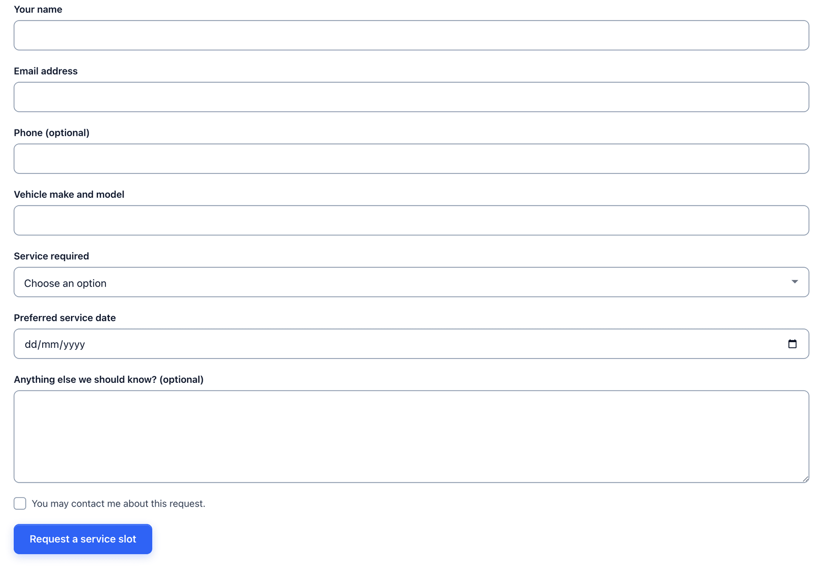 The vehicle service request form on a single page with all fields visible