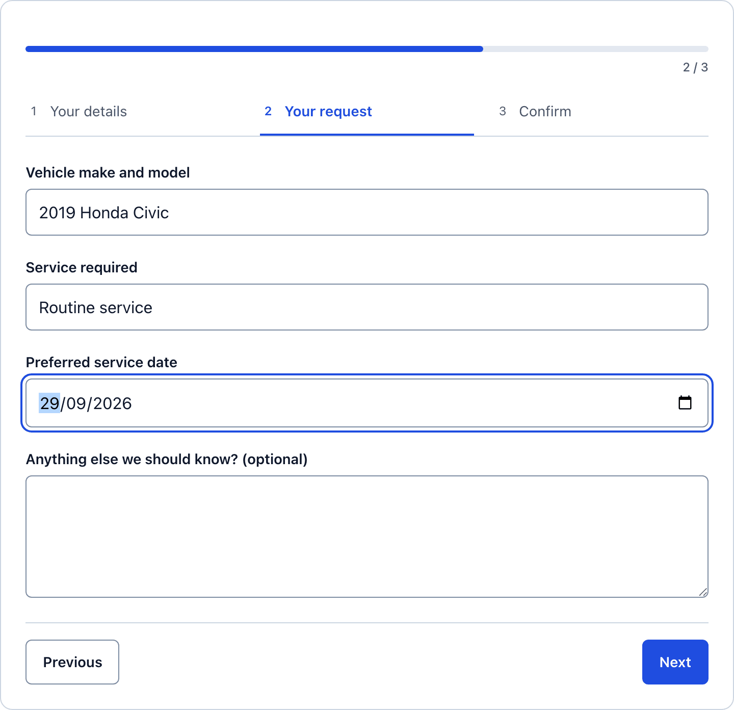 Step 2 of the vehicle service request form with the vehicle, service required and preferred service date fields