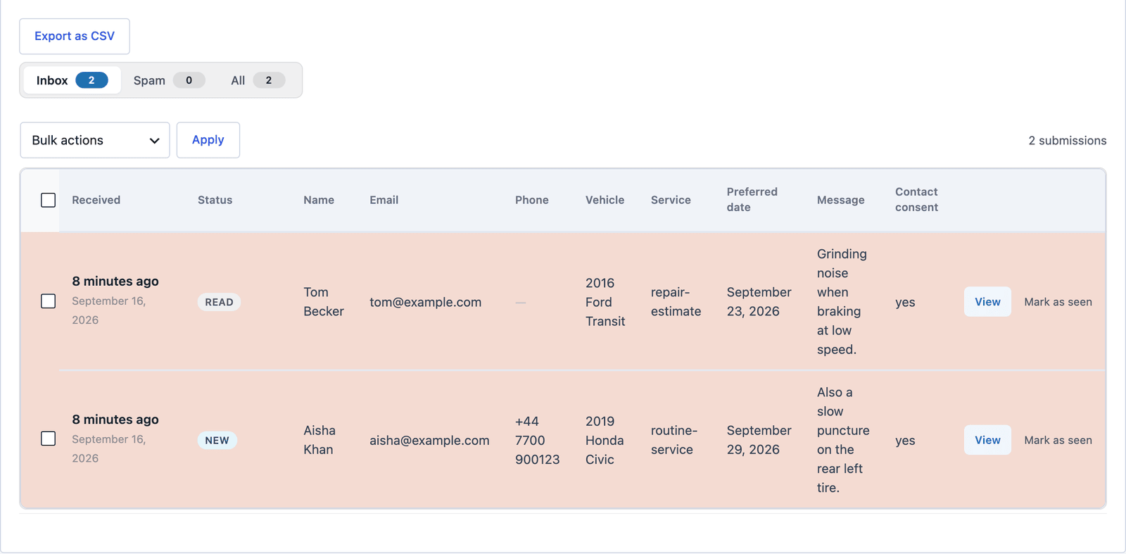 Core Forms Submissions tab for the vehicle service form showing a routine service on a Honda Civic and a repair estimate on a Ford Transit