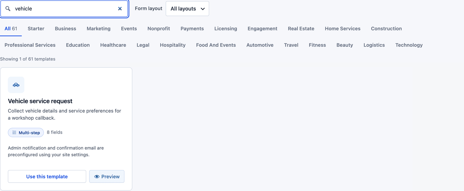 Core Forms template gallery searched for vehicle, showing the Vehicle service request template with its Multi-step badge