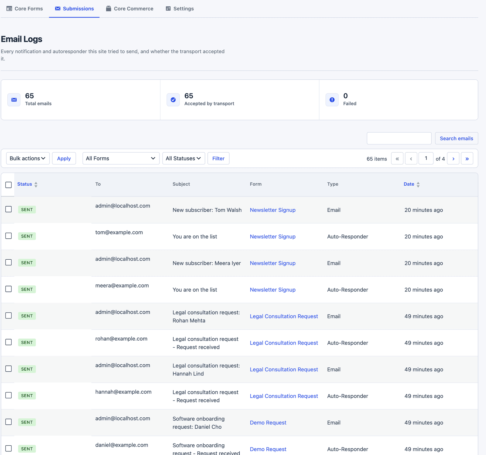 The Core Forms Email logs screen listing sent emails with the recipient, subject, status and a View Details link for each