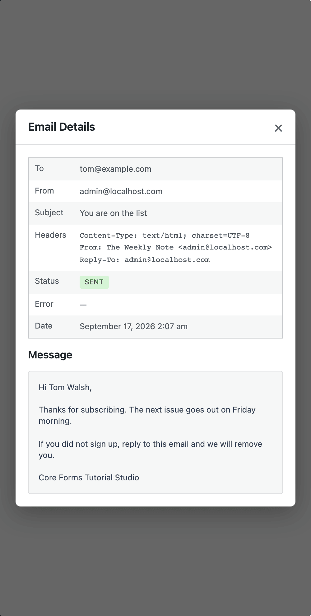 The Email Details view of a sent auto-reply, showing the recipient, the from name, the subject, the headers, the sent status and the message with the visitor's name filled in