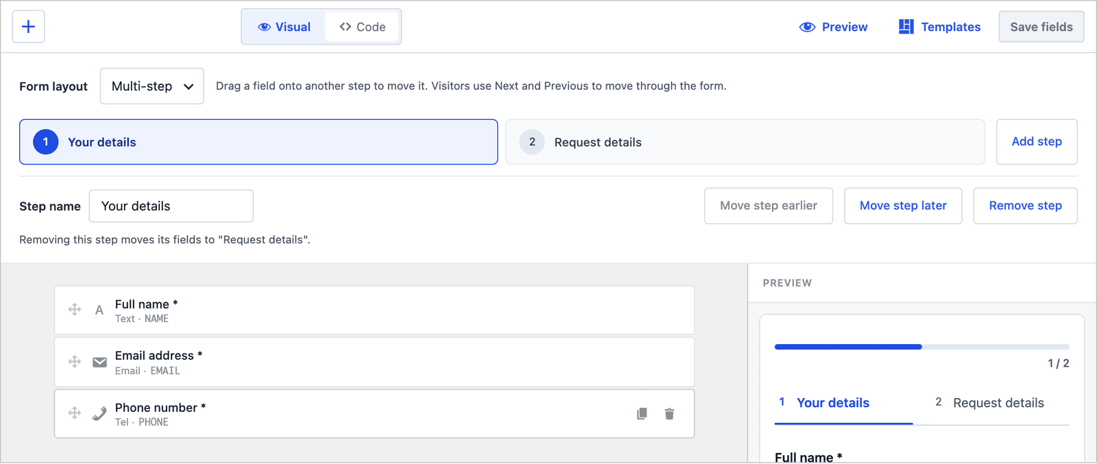 Core Forms builder for the multi-step Appointment booking form with two steps, Your details and Request details