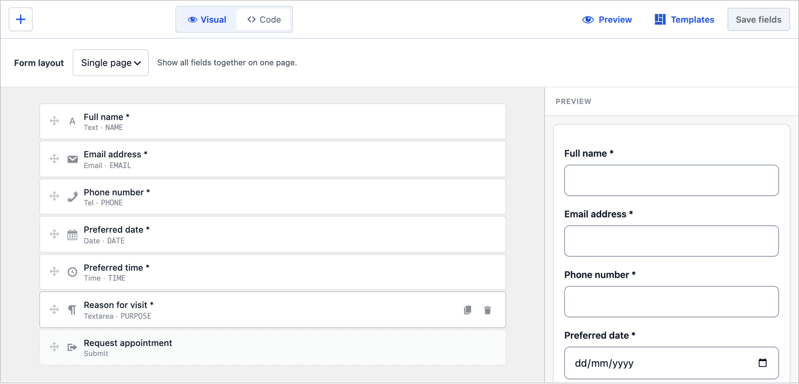Core Forms builder for the Appointment booking form showing name, email, phone, date, time and reason fields