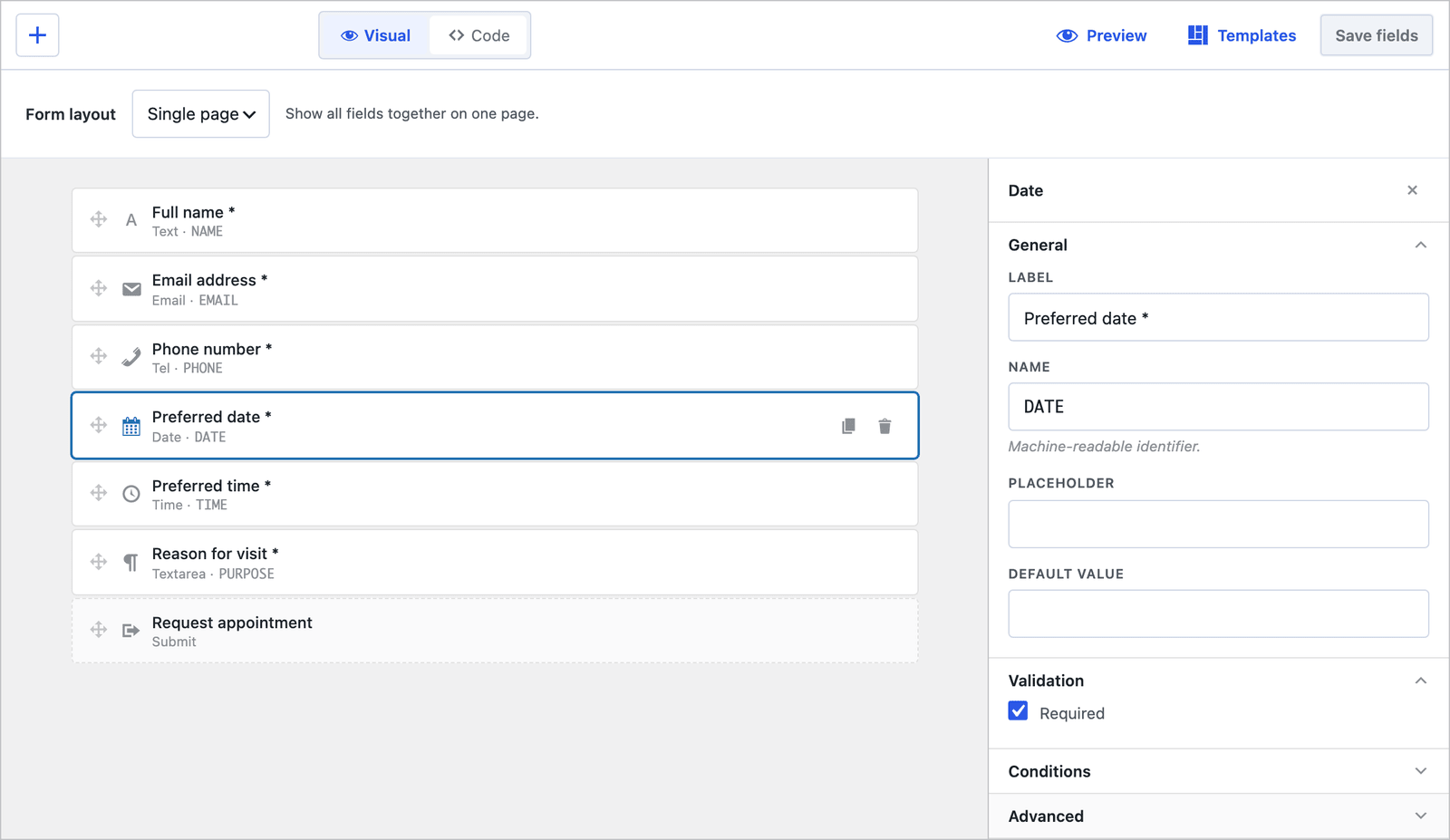The builder with the Preferred date field selected, showing its General and Validation panels