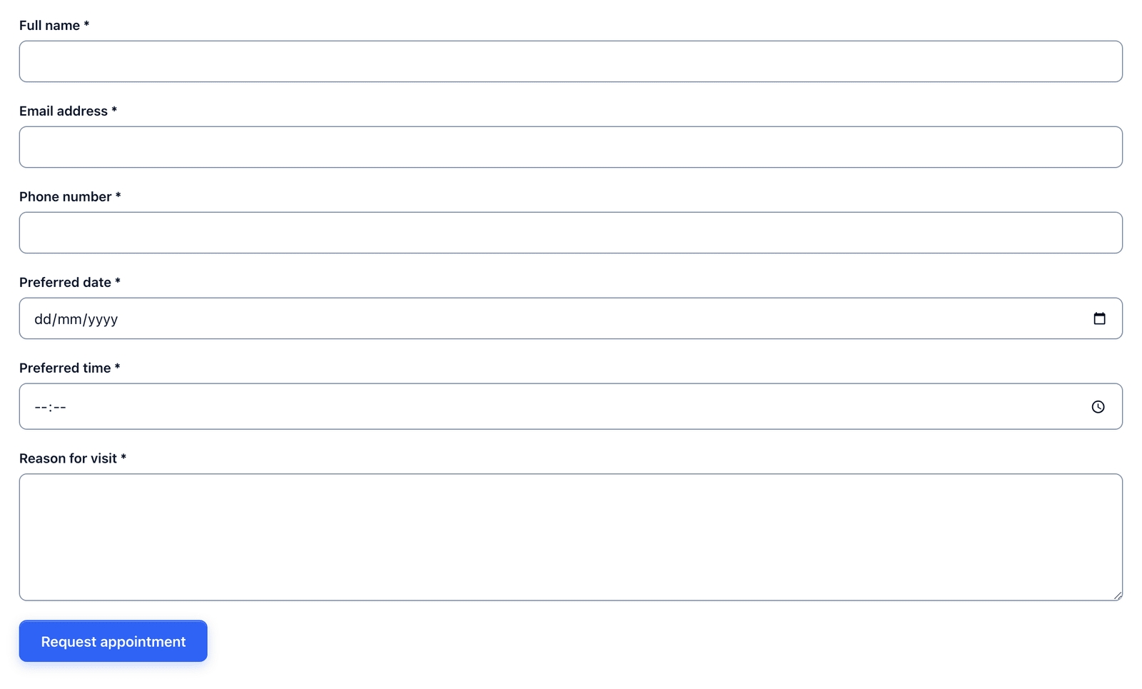 The appointment booking form on a page with name, email, phone, date, time and reason fields
