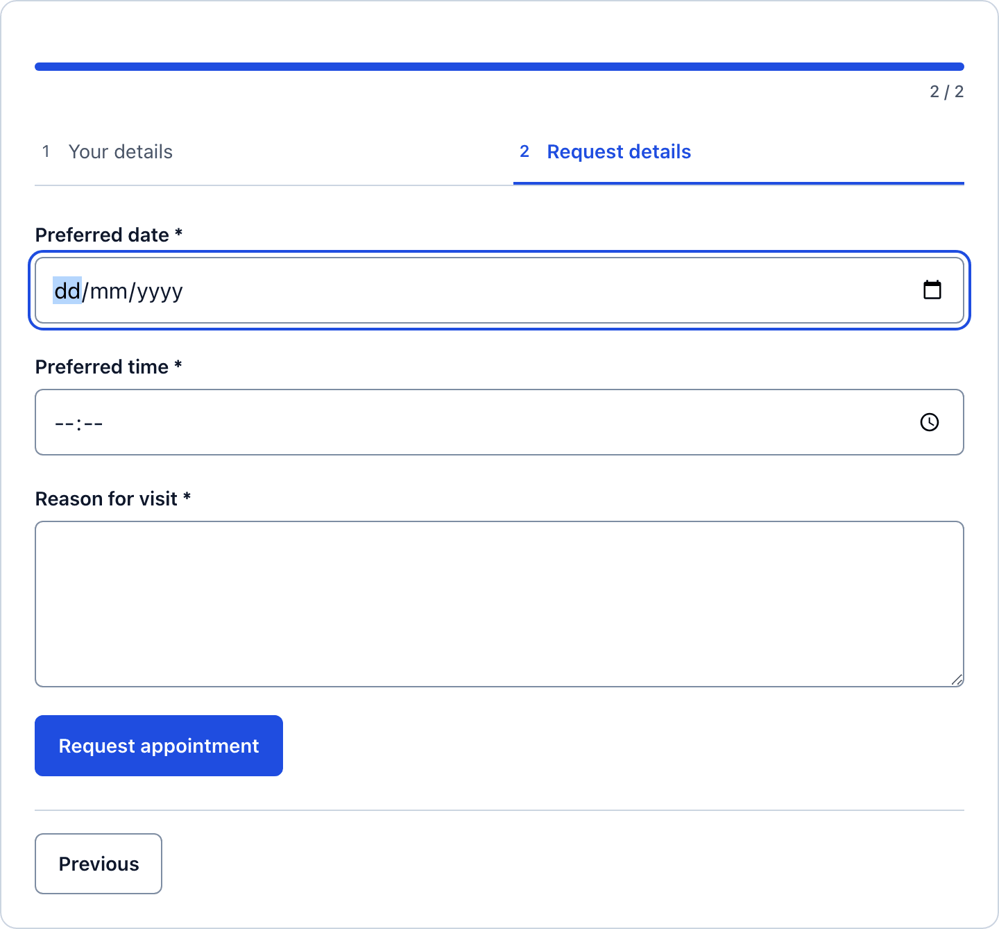 Step 2 of the multi-step appointment booking form with the preferred date, preferred time and reason fields