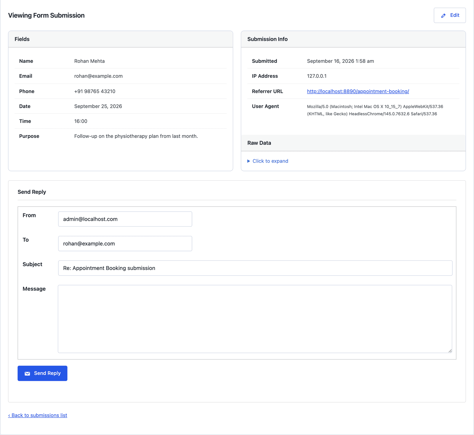 A single appointment booking submission showing the fields and the Send Reply box