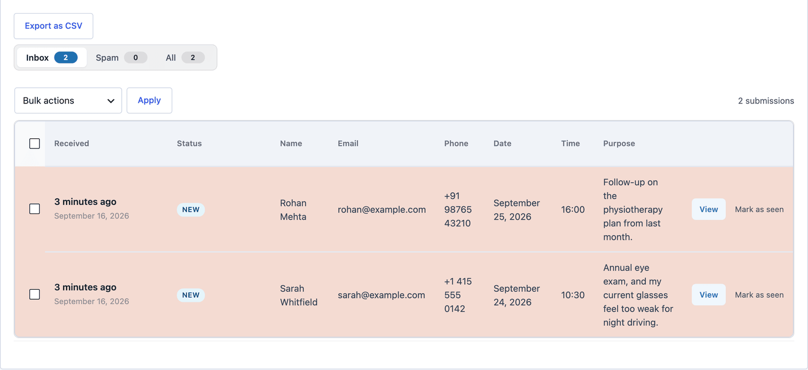 Core Forms Submissions tab for the Appointment booking form showing two requests with dates, times and reasons