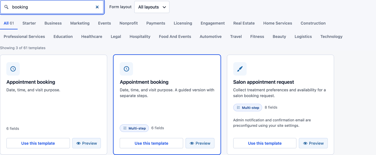 Core Forms template gallery searched for booking, showing the Appointment booking template and its multi-step version