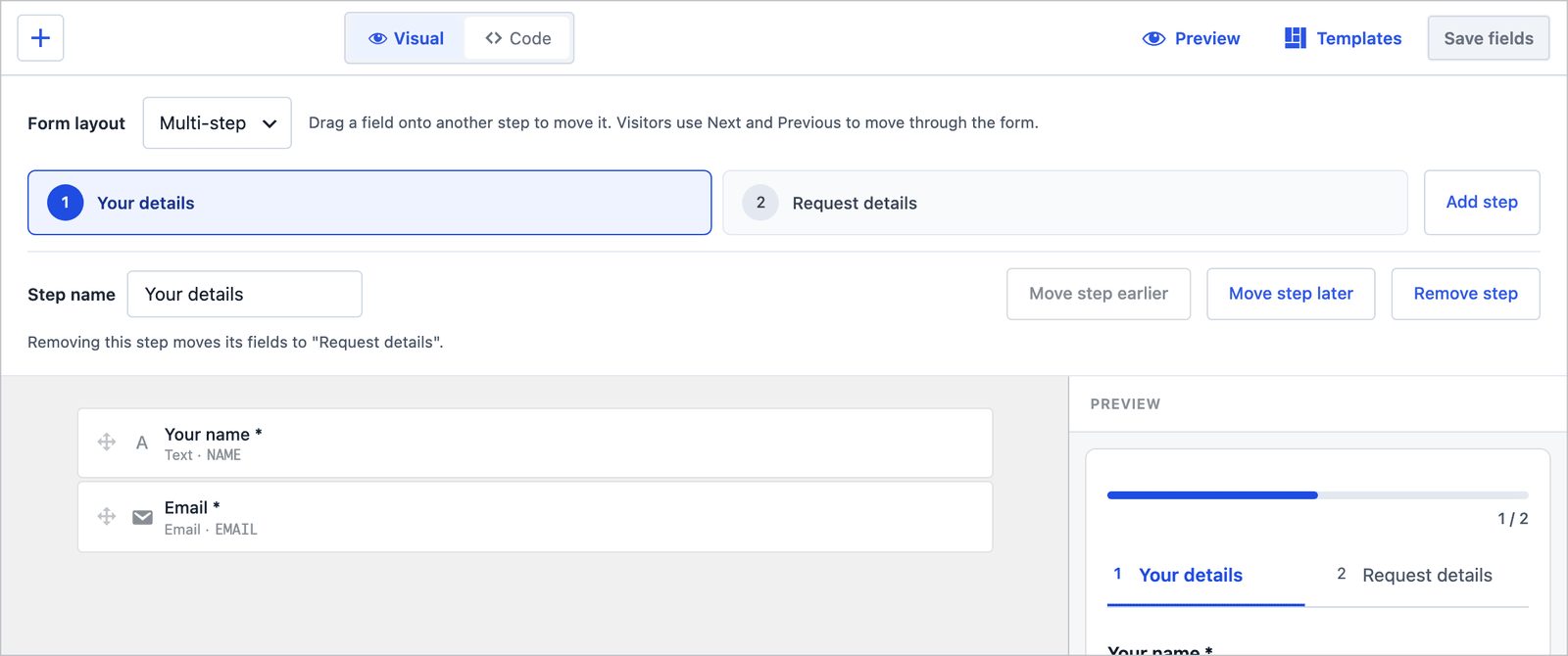 Core Forms builder for the multi-step Bug report with two steps, Your details and Request details