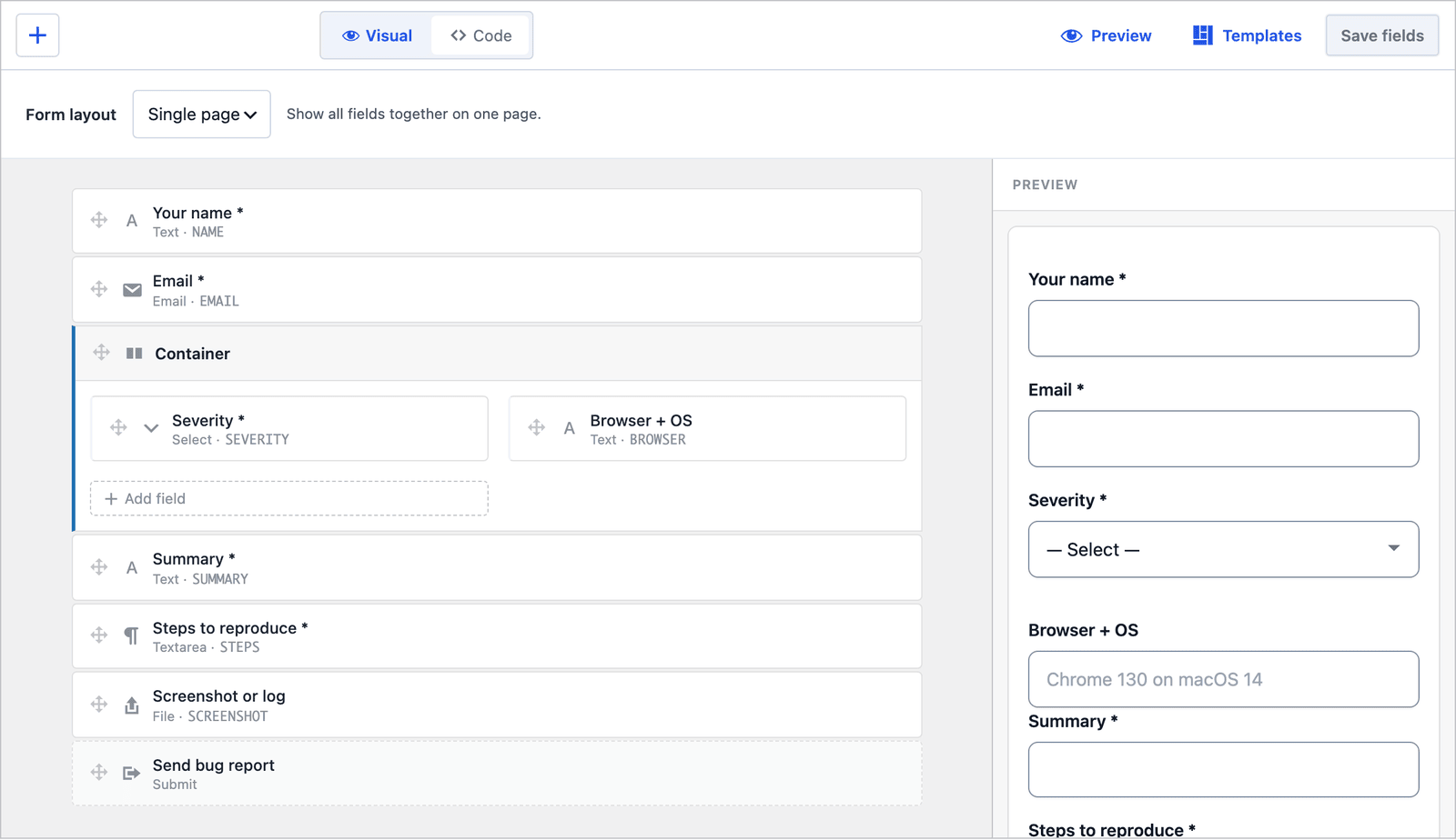 Core Forms builder for the Bug report form showing name, email, a two-column container with severity and browser, summary, steps and a file upload