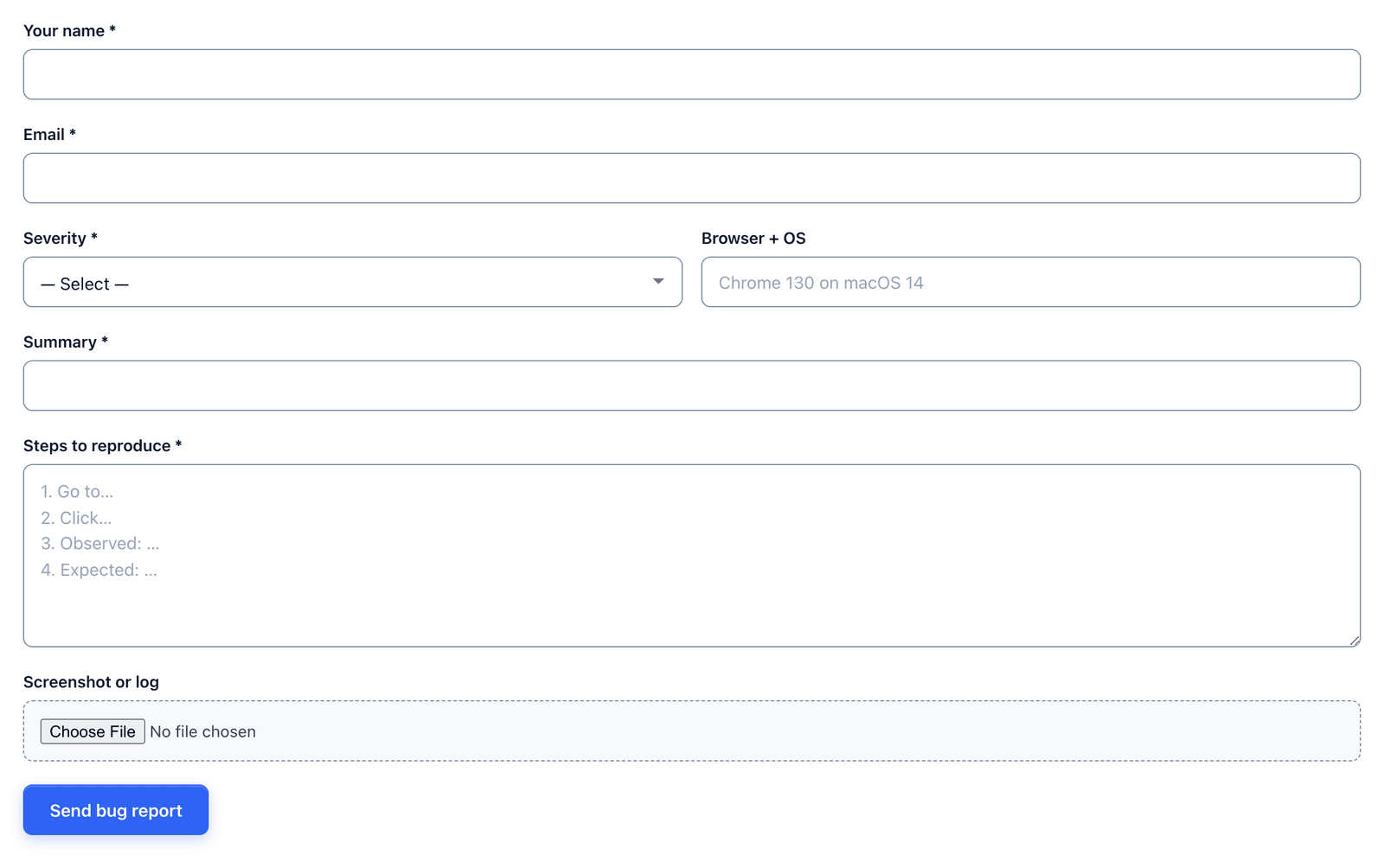 The bug report form on a page, with severity and browser side by side and the file field at the bottom