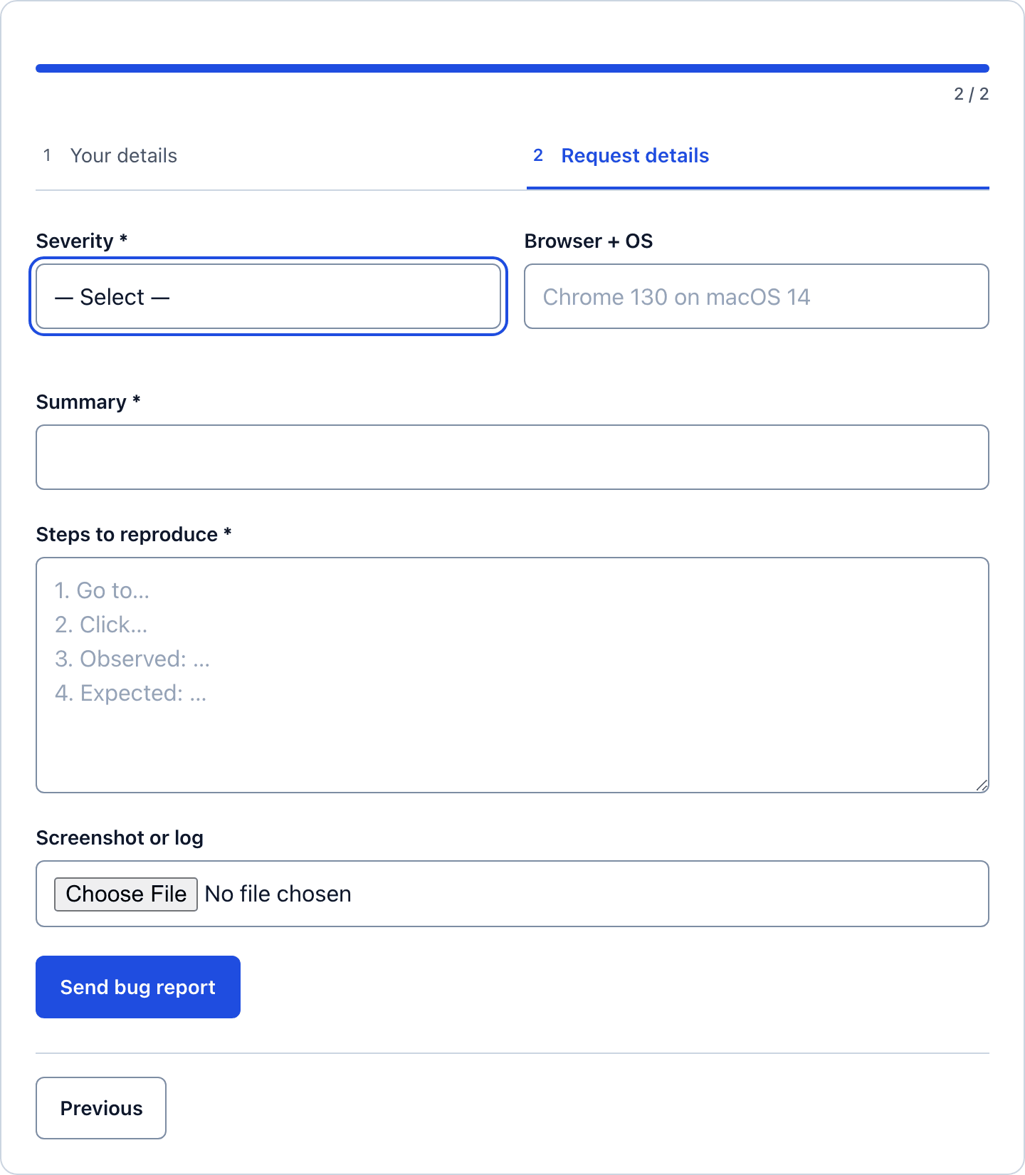 Step 2 of the multi-step bug report form with severity, browser, summary, steps and file upload