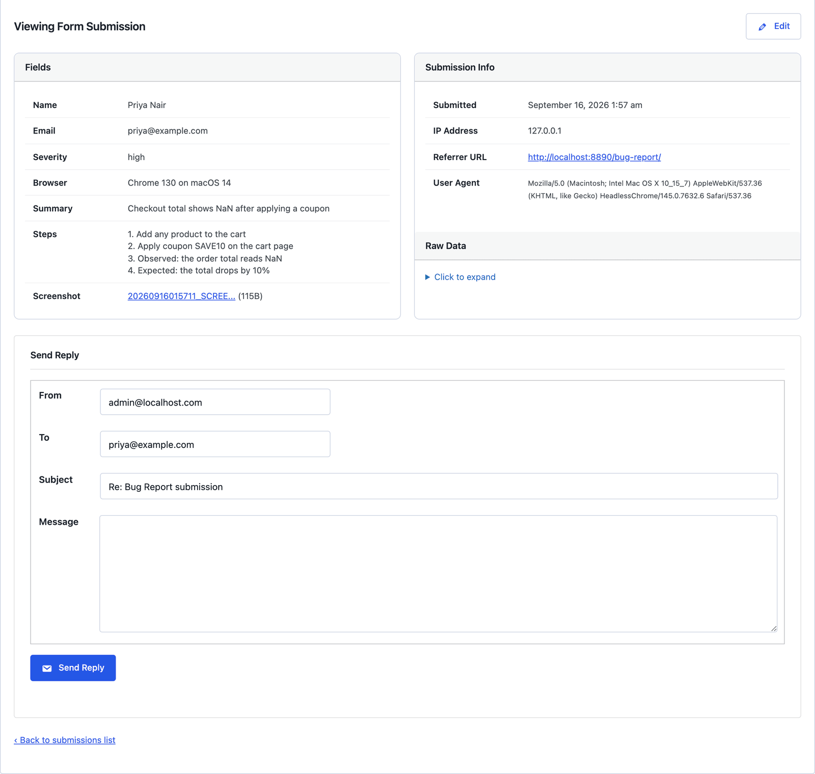 A single bug report submission showing the fields, submission info and the Send Reply form