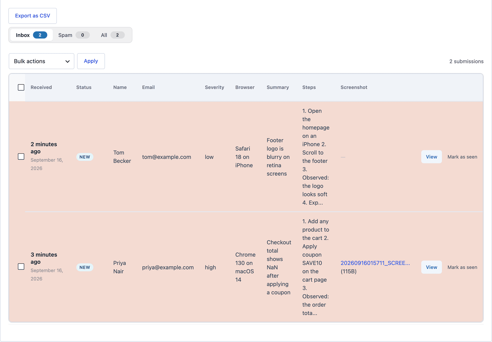 Core Forms Submissions tab for the Bug report form showing a high and a low severity report, with a log file attached to one