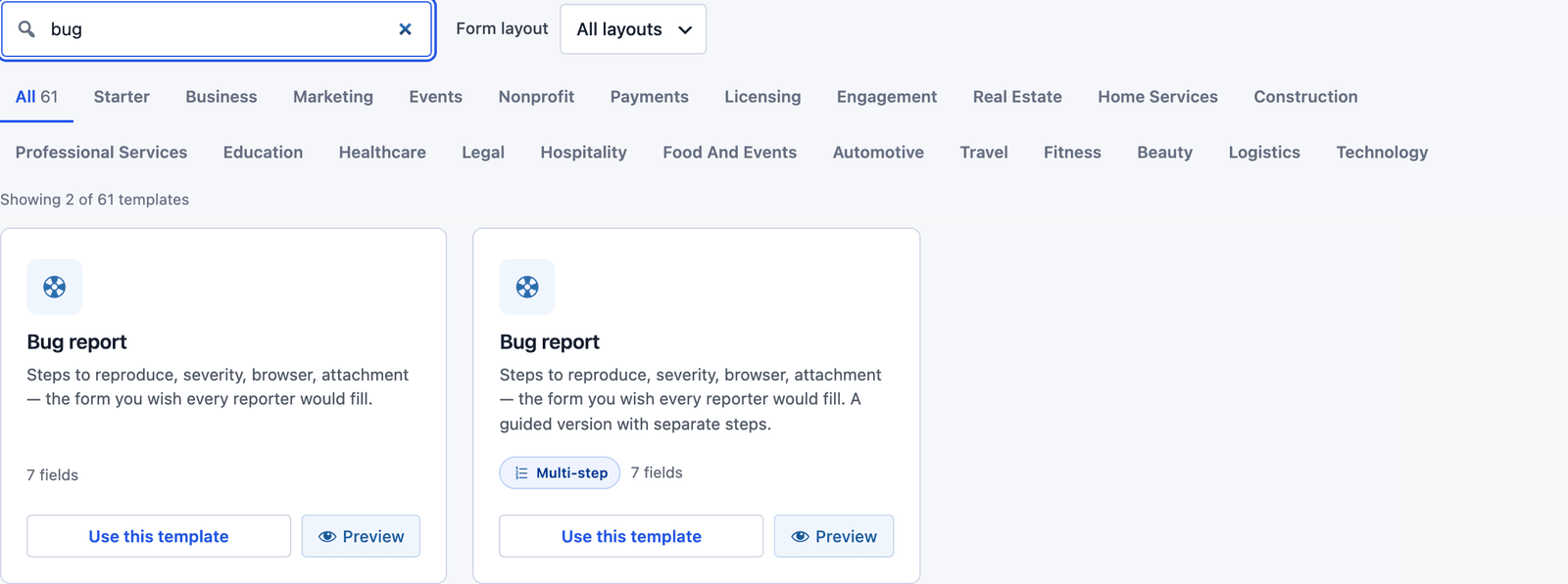 Core Forms template gallery searched for bug, showing the Bug report template and its multi-step version