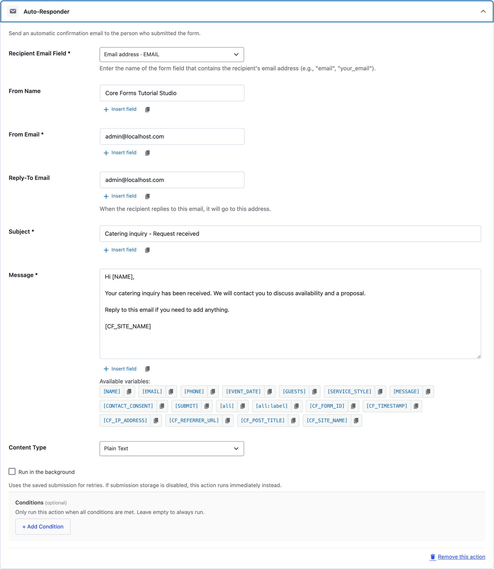 The Auto-Responder action for the catering form, sending the acknowledgement to the EMAIL field