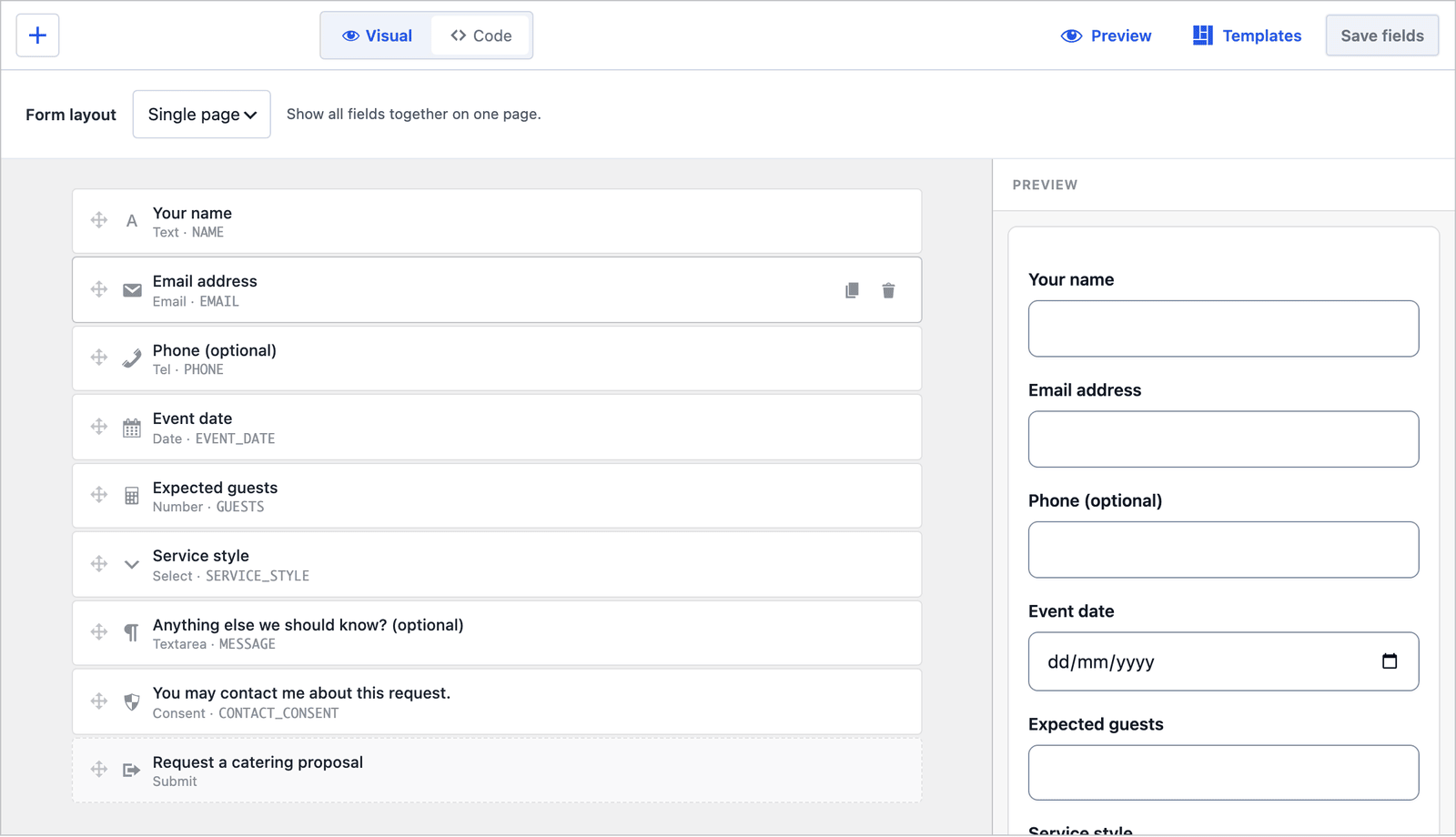 Core Forms builder for the catering form with the layout set to Single page, showing all 8 fields in one column