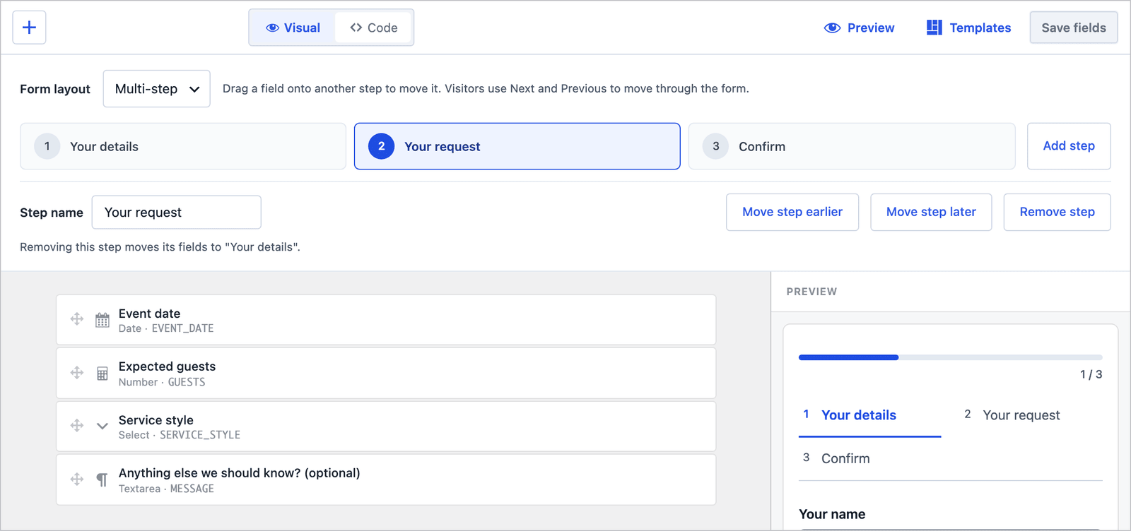 Core Forms builder for the Catering inquiry form with the Your request step selected, showing event date, expected guests, service style and message fields