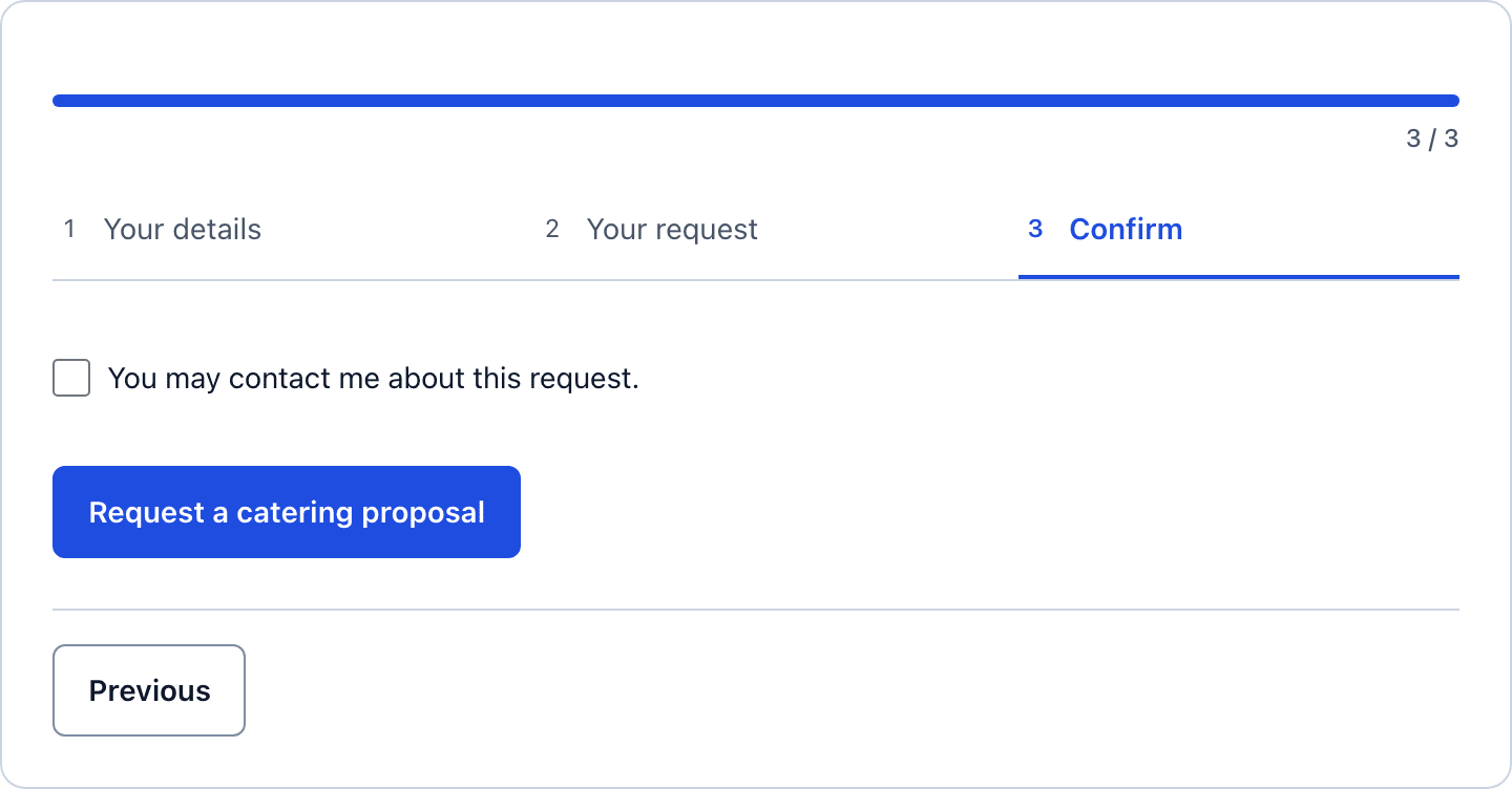 The Confirm step of the catering inquiry form with the contact consent checkbox and the Request a catering proposal button