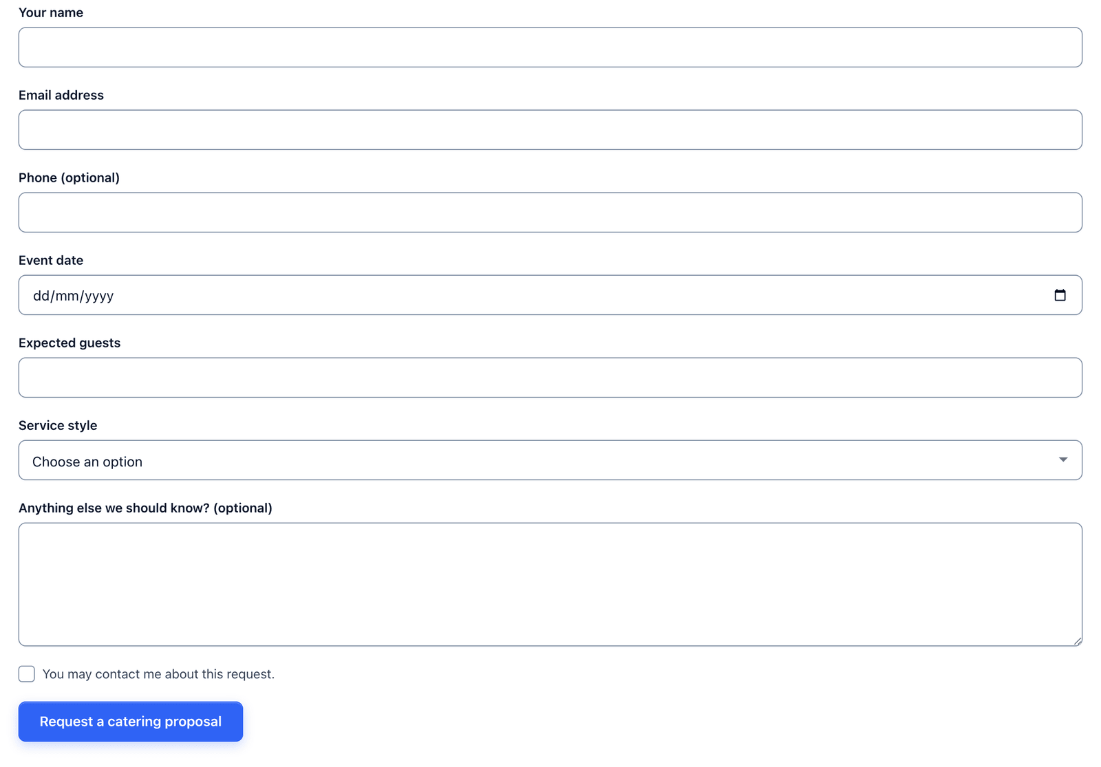 The catering inquiry form on a single page with all fields visible
