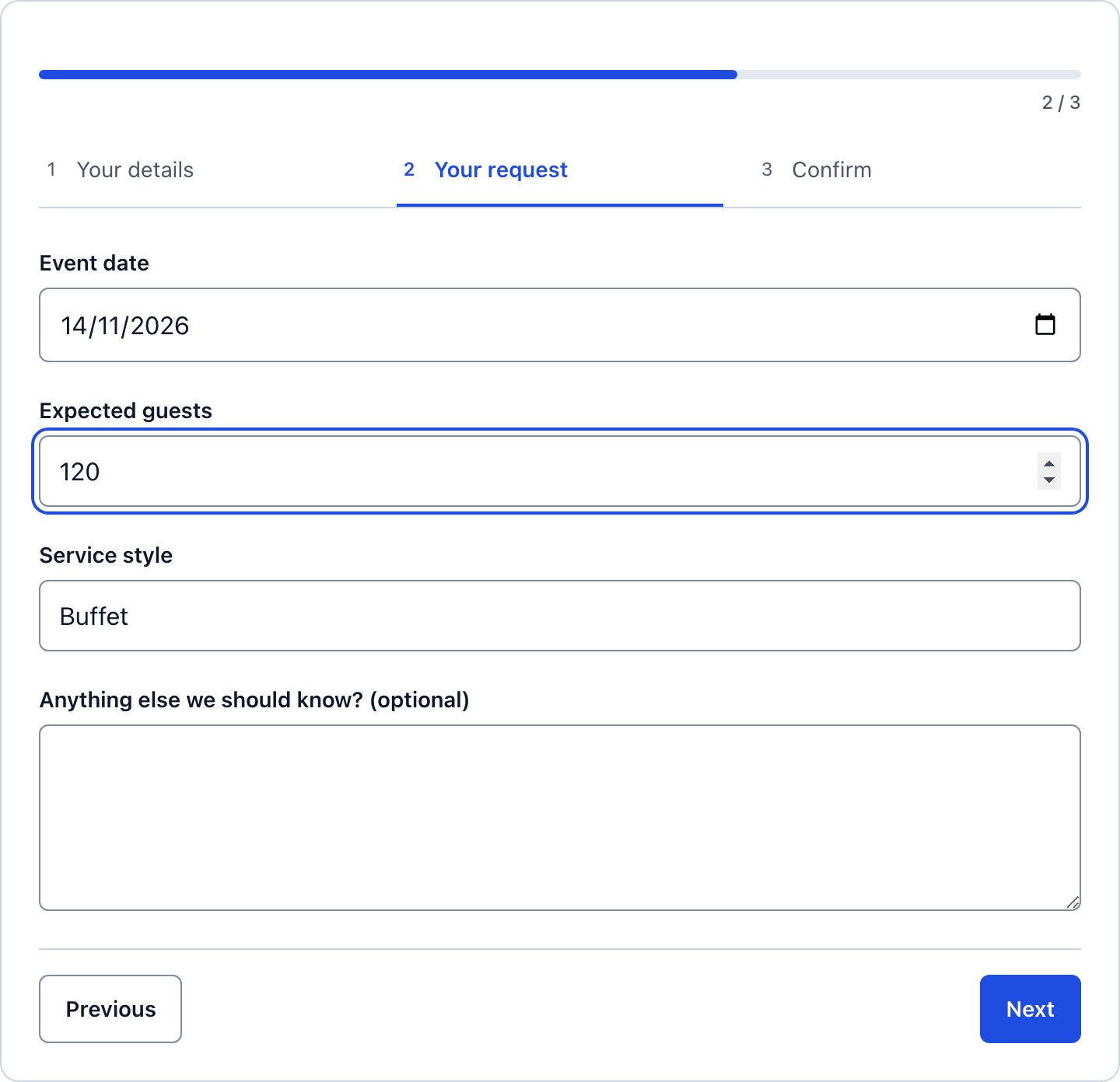 Step 2 of the catering inquiry form with the event date, expected guests and service style fields
